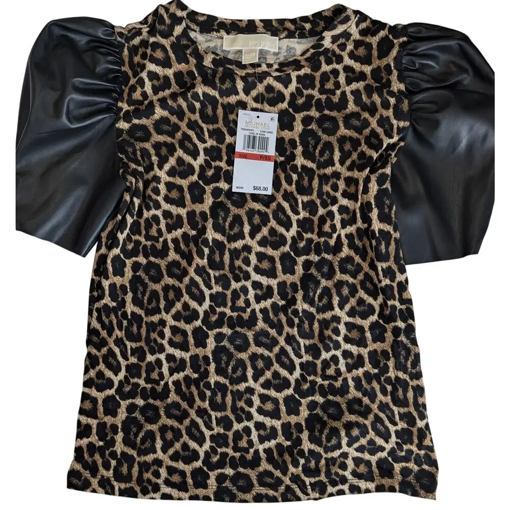 Michael Kors Leopard Print Faux Leather Sleeves Size XS - Picture 14 of 15
